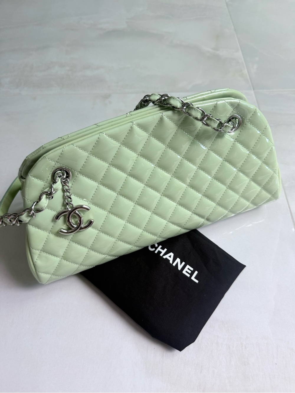 Chanel mint green quilted purse bag patent leather BNWT
